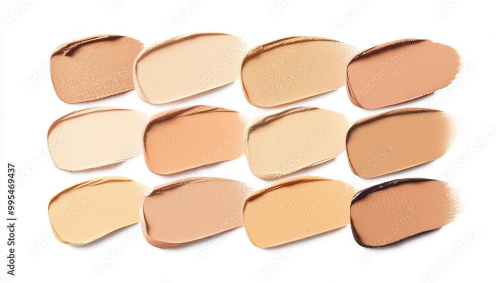 A mix of dewy and matte foundation swatches in soft peach and beige tones, with subtle blending edges. A mix of dewy and matte foundation swatches in soft peach and beige tones, with subtle blending edges.