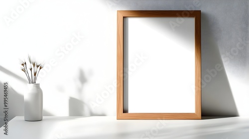 Minimalist Wooden Frame on White Desk with Soft Ambient Lighting