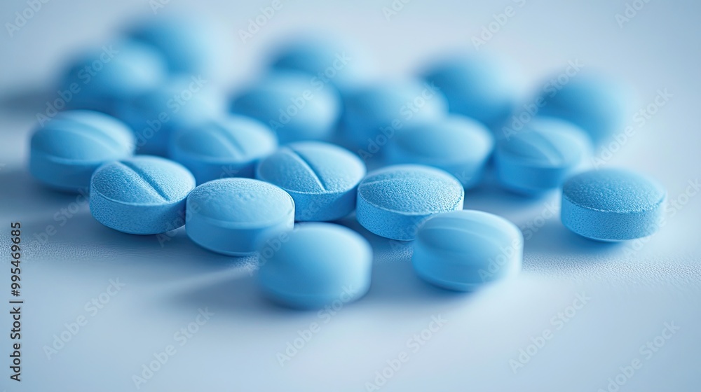 Close-up of blue pills on a table. This image represents a medical concept and can be used for various purposes, including healthcare, pharmacy, and medicine. Close-up of blue pills on a table. This image represents a medical concept and can be used for various purposes, including healthcare, pharmacy, and medicine.