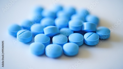 Close-up photo of blue pills. This image can be used for medical, pharmaceutical, and healthcare related projects.