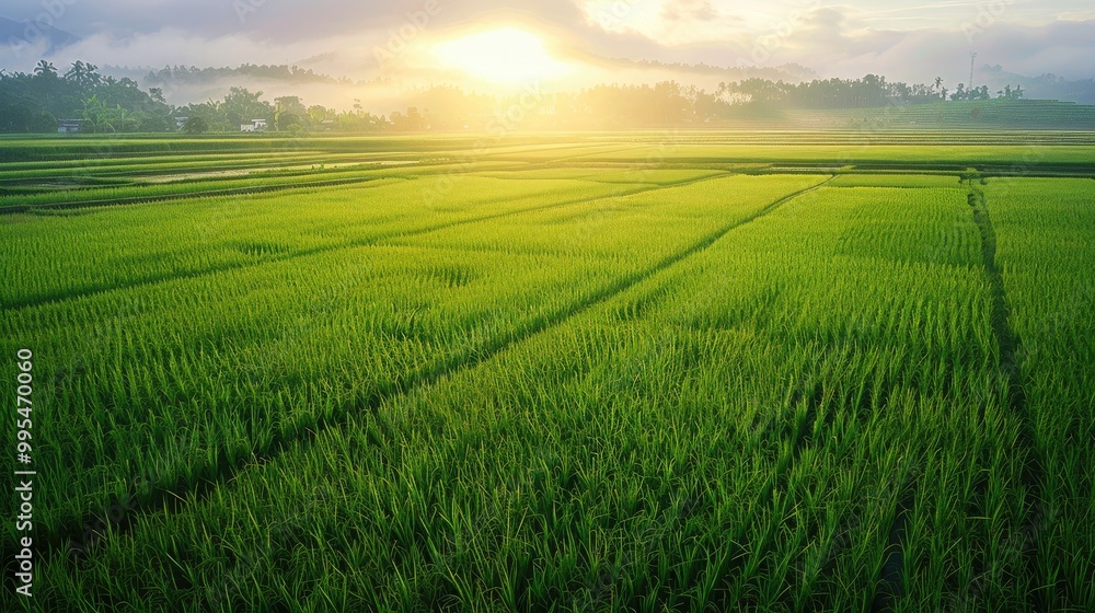 Morning view of rice plant design on paddy field Morning view of rice plant design on paddy field
