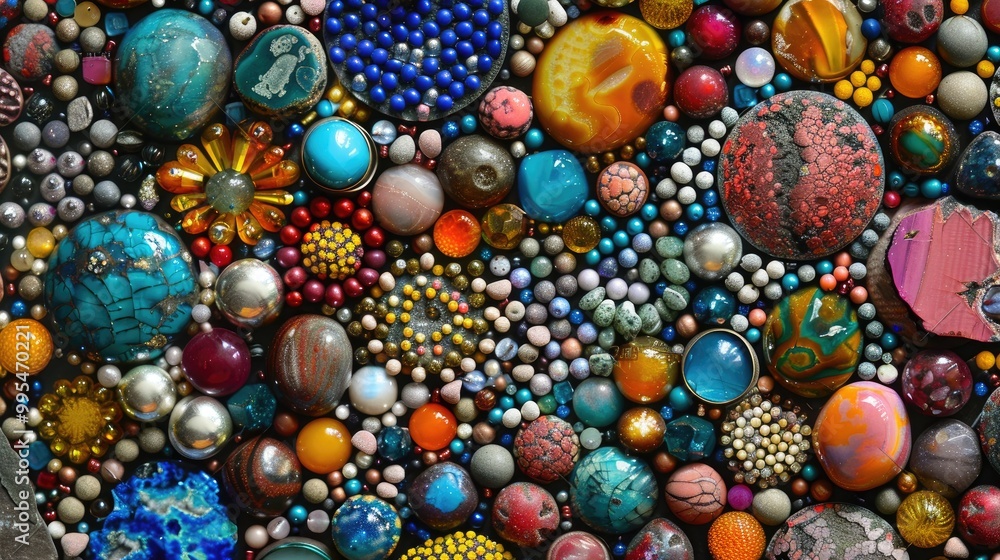 Multi colored stones and glass beads create folk art patterns Multi colored stones and glass beads create folk art patterns