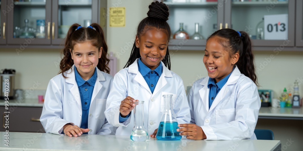 Diverse Group of Female Students in Lab Coats Conducting Chemistry Experiments Diverse Group of Female Students in Lab Coats Conducting Chemistry Experiments