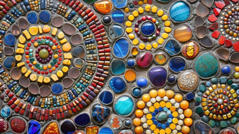 Multi colored stones and glass beads create folk art patterns Multi colored stones and glass beads create folk art patterns