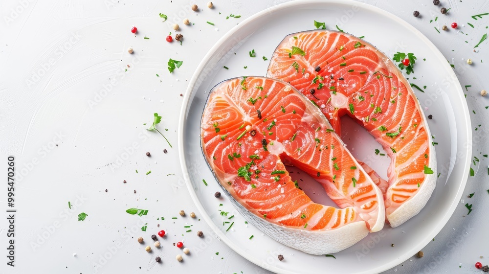 Raw salmon steaks with seasonings on white plate top view with copy space Keto dish Raw salmon steaks with seasonings on white plate top view with copy space Keto dish