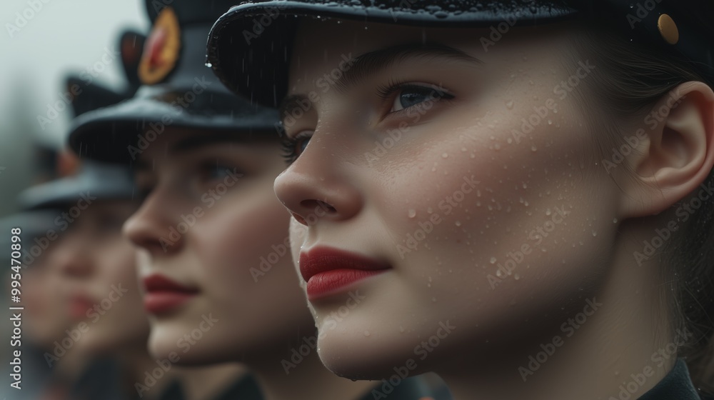 Close-up of female officers standing in formation, raindrops on their faces and uniforms, showcasing discipline and focus. Close-up of female officers standing in formation, raindrops on their faces and uniforms, showcasing discipline and focus.