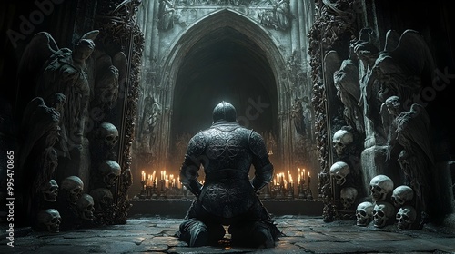 Kneeling Knight in Ornate Gothic Cathedral under Candlelight Glow