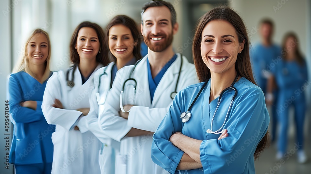 A group of smiling healthcare professionals in scrubs and lab coats, standing confidently in a hospital setting. A group of smiling healthcare professionals in scrubs and lab coats, standing confidently in a hospital setting.