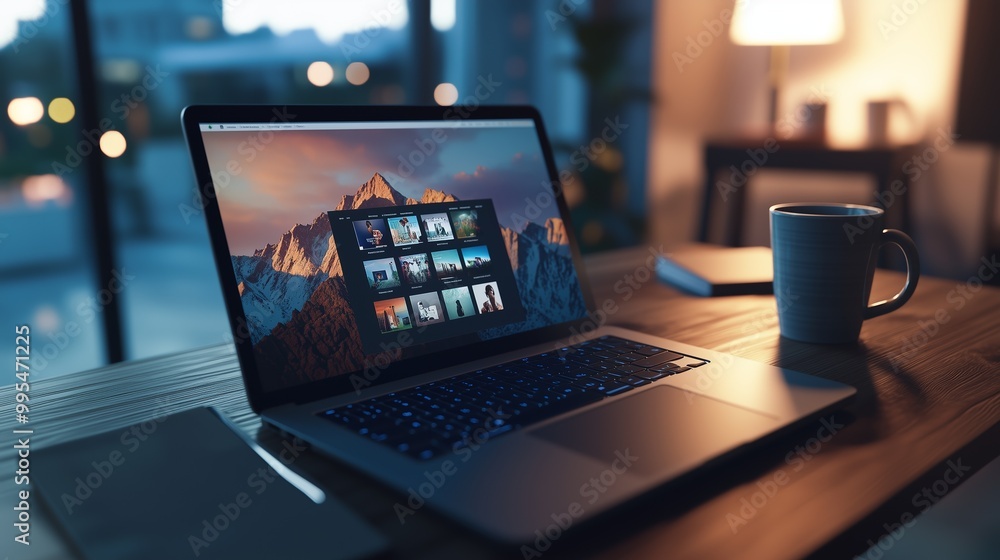 Laptop screen showing images with a mountain background, on a desk with a coffee cup in a cozy room. Laptop screen showing images with a mountain background, on a desk with a coffee cup in a cozy room.