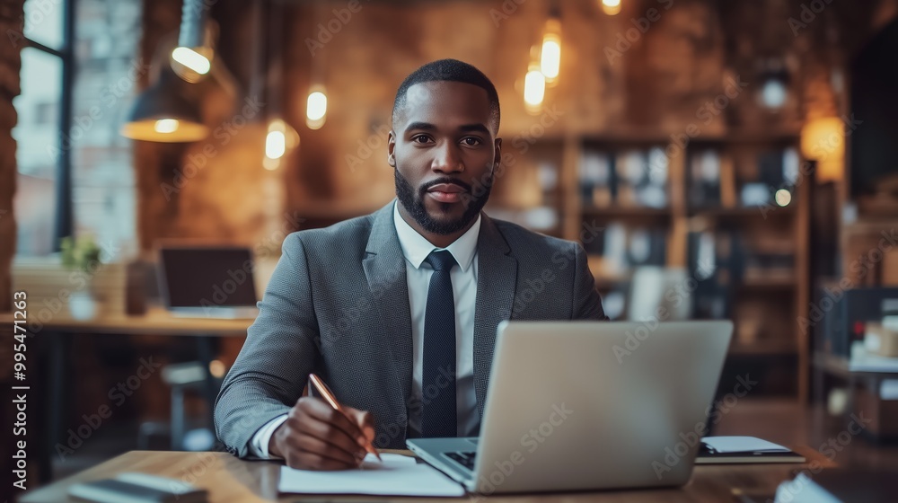 A confident businessman in a suit working on a laptop, taking notes in a stylish modern office. A confident businessman in a suit working on a laptop, taking notes in a stylish modern office.