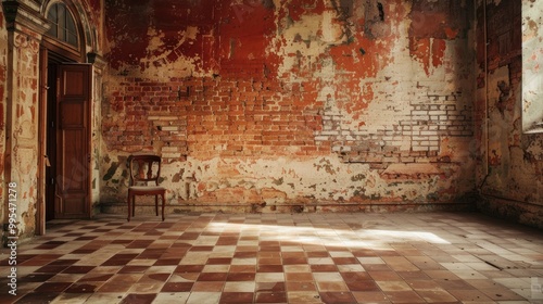 Interior with aged red brick wall and tiled flooring