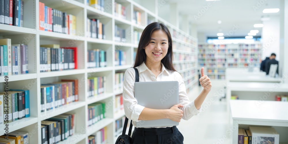 Confident Asian Female Student Holding Laptop and Giving a Thumbs Up in College Library Confident Asian Female Student Holding Laptop and Giving a Thumbs Up in College Library