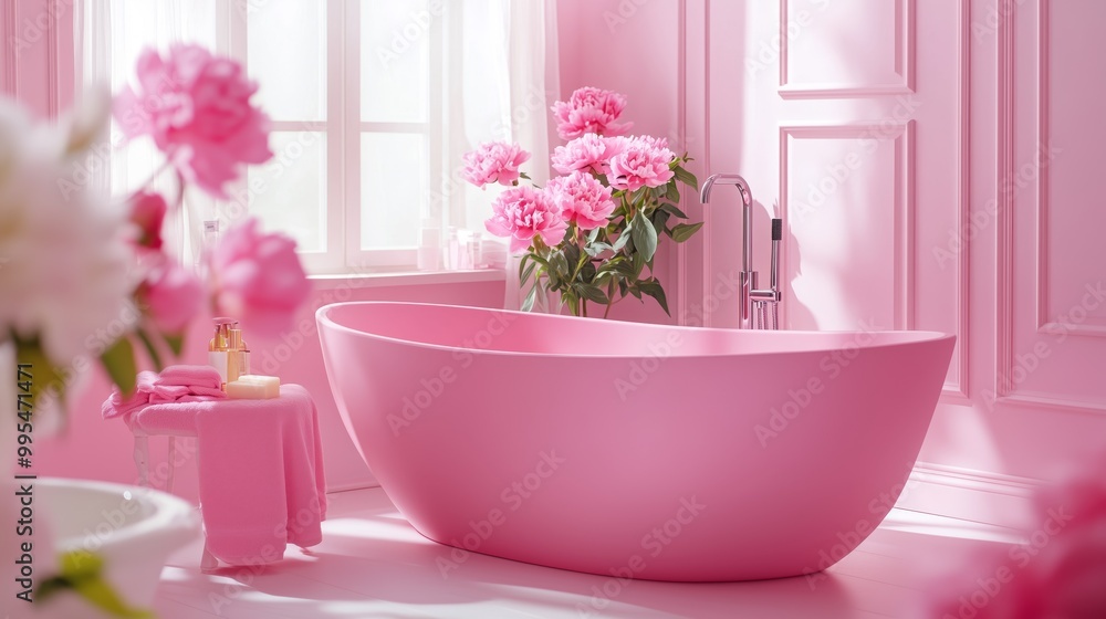 Fototapeta premium Elegant pink bathtub in a vibrant, flower-decorated bathroom, creating a serene and luxurious atmosphere.