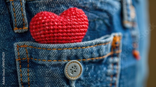 Red cotton heart crocheted and placed in a blue denim pocket photo