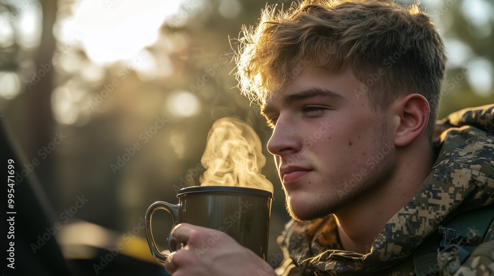 A young man dressed in camouflage enjoys a steaming hot drink in a serene outdoor setting during golden hour. A young man dressed in camouflage enjoys a steaming hot drink in a serene outdoor setting during golden hour.