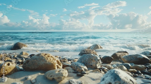 Rocks are present on the seashore enhancing its beauty with soothing ocean sounds