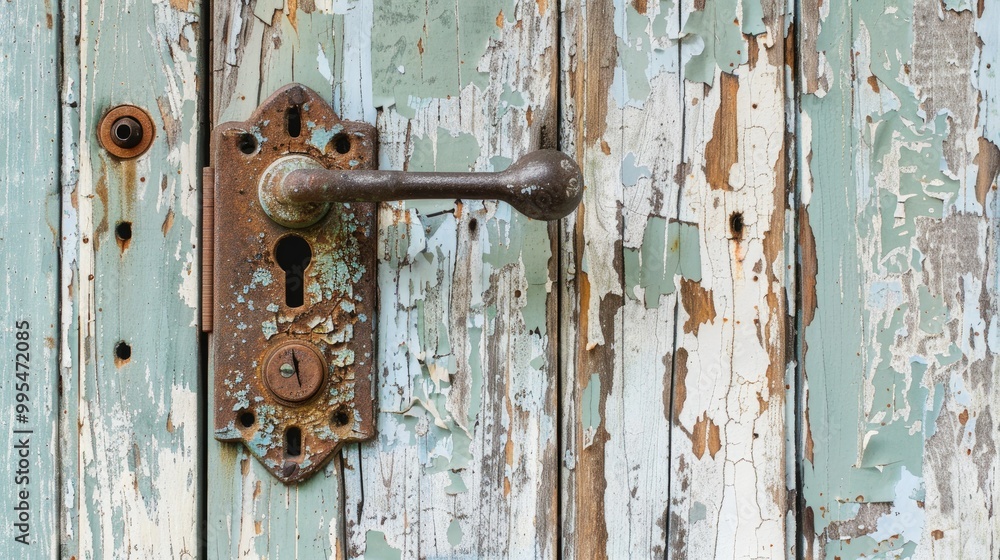 Old door handle with rusting lock on traditional door against peeling paint and wooden backdrop Old door handle with rusting lock on traditional door against peeling paint and wooden backdrop