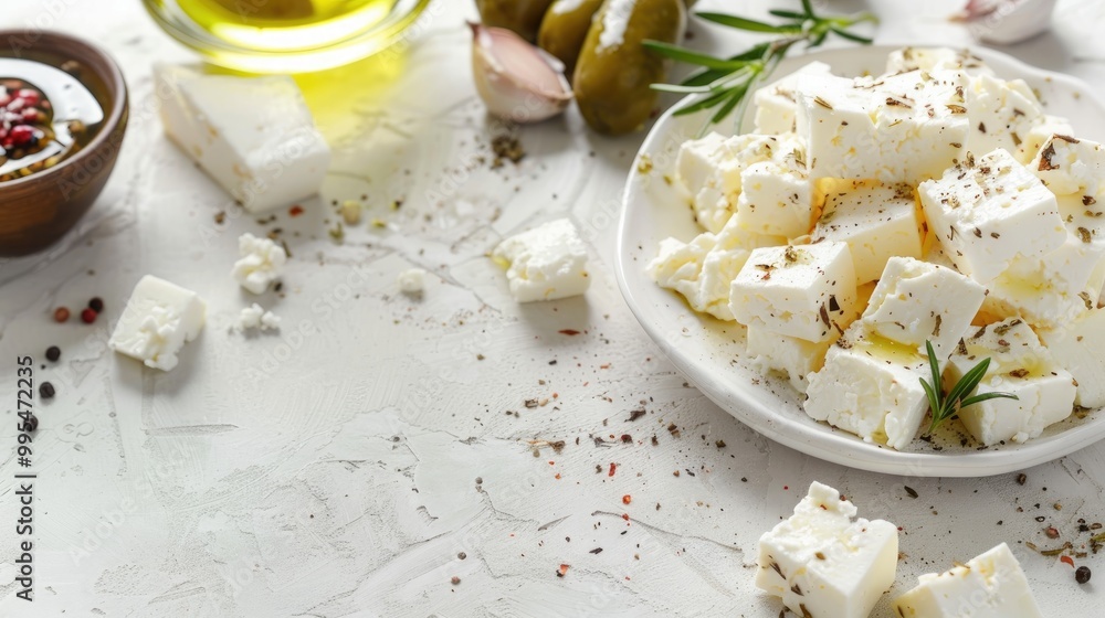 Pickled feta cheese composition on white table with text space Pickled feta cheese composition on white table with text space