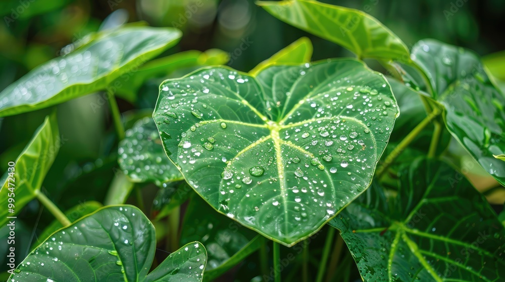 Rain causing dew drops on the leaves of taro plants Rain causing dew drops on the leaves of taro plants