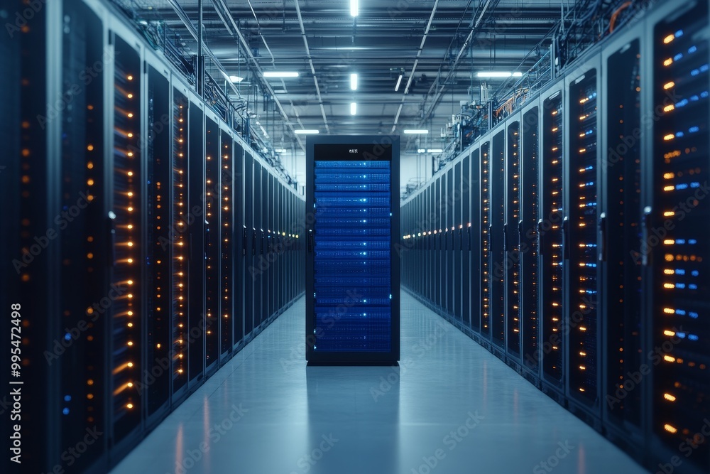 Modern data center with rows of servers symbolizing fast data processing organized infrastructure and advanced IT systems Modern data center with rows of servers symbolizing fast data processing organized infrastructure and advanced IT systems
