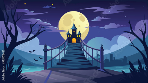 Print Full Moon Shining Over Haunted Bridge Halloween Background Vector Illustration with Eerie Night Sky and Spooky Atmosphere