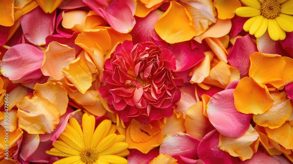 Red and pink rose petals yellow calendula petals Red and pink rose petals yellow calendula petals