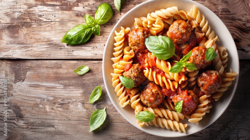 Italian Fusilli Pasta with Tomato Sauce Meatballs and Basil in Bowl viewed from above Italian Fusilli Pasta with Tomato Sauce Meatballs and Basil in Bowl viewed from above