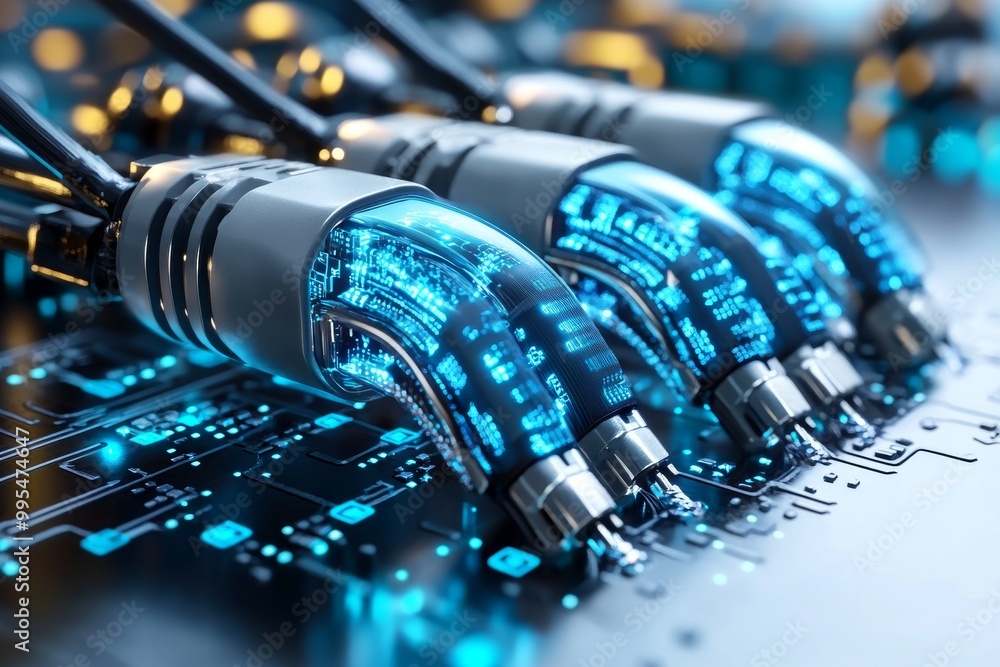 Blue and black glowing cables on a circuit board symbolizing fast data transmission secure connection and advanced IT systems Blue and black glowing cables on a circuit board symbolizing fast data transmission secure connection and advanced IT systems