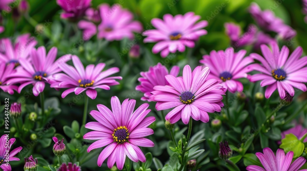 Purple daisies blooming in garden with blank sign for mockup Purple daisies blooming in garden with blank sign for mockup