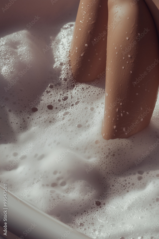 Fototapeta premium Close-up of legs relaxing in a foamy bath with bubbles and soft textures