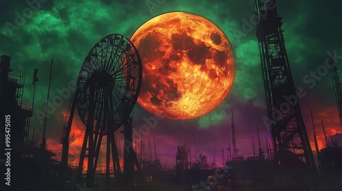 Wallpaper Mural Carnival of horrors, set against a dystopian skyline, with purple and green skies and orange clouds framing the harvest moon Torontodigital.ca