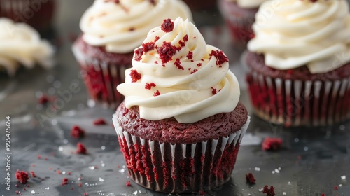 Red velvet cupcakes topped with cream cheese frosting