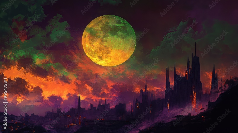 Carnival of horrors, set against a dystopian skyline, with purple and green skies and orange clouds framing the harvest moon Carnival of horrors, set against a dystopian skyline, with purple and green skies and orange clouds framing the harvest moon