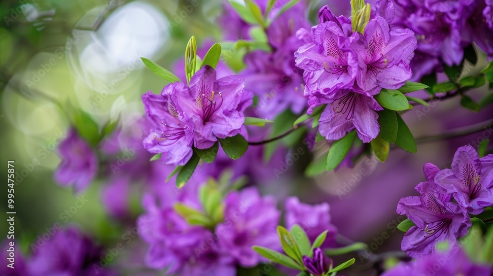 Purple Flowers with Green Leaves in Tree Background Purple Flowers with Green Leaves in Tree Background