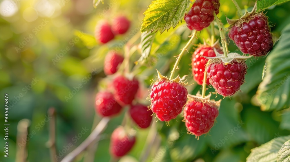 Raspberry branch ready to pick in garden Raspberry branch ready to pick in garden