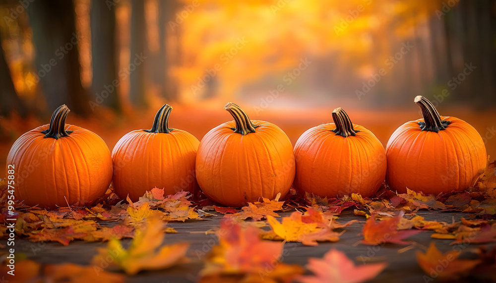 row of orange pumpkins against a backdrop of autumn foliage and fallen leaves row of orange pumpkins against a backdrop of autumn foliage and fallen leaves