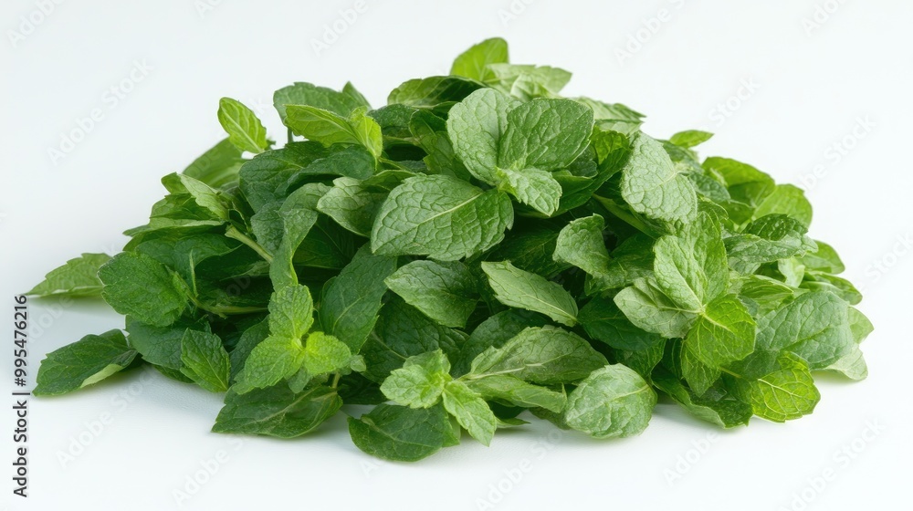 Fresh mint leaves on a white background. Perfect for use in culinary or medicinal contexts. Fresh mint leaves on a white background. Perfect for use in culinary or medicinal contexts.