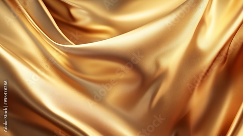 Opulent gold backdrop adorned with flowing satin fabric. Three-dimensional digital creation featuring abstract and contemporary business elements. Golden hues