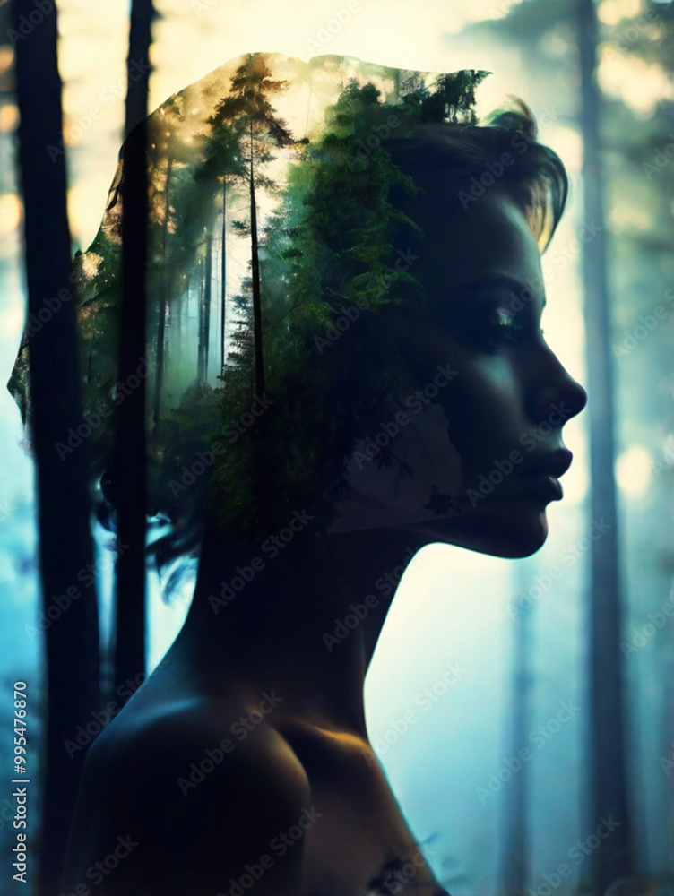 Double exposure portrait with woman and green forest. Concept of ...