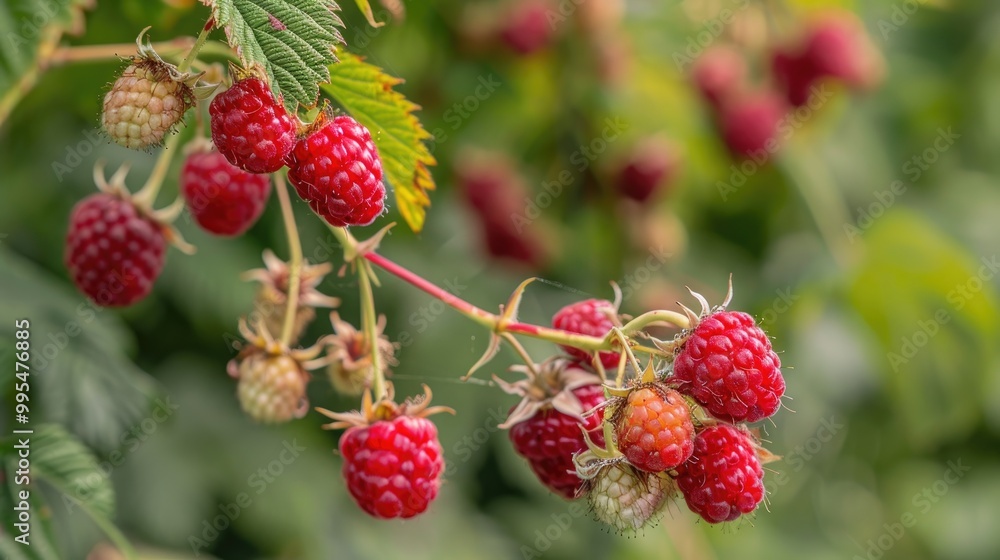 Raspberry branch ready to pick in garden Raspberry branch ready to pick in garden