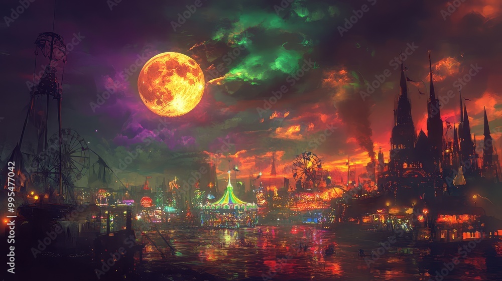 Creepy carnival set against a futuristic cityscape, harvest moon glowing, sky blending purples, greens, and fiery orange clouds Creepy carnival set against a futuristic cityscape, harvest moon glowing, sky blending purples, greens, and fiery orange clouds