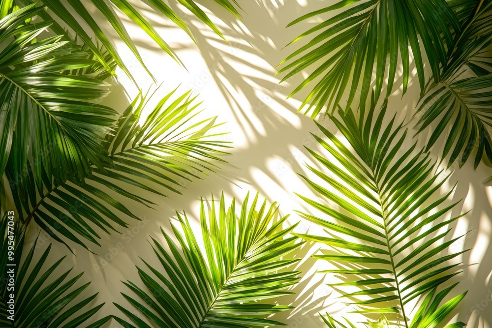 Fototapeta premium Palm Fronds Casting Shadows on a White Wall