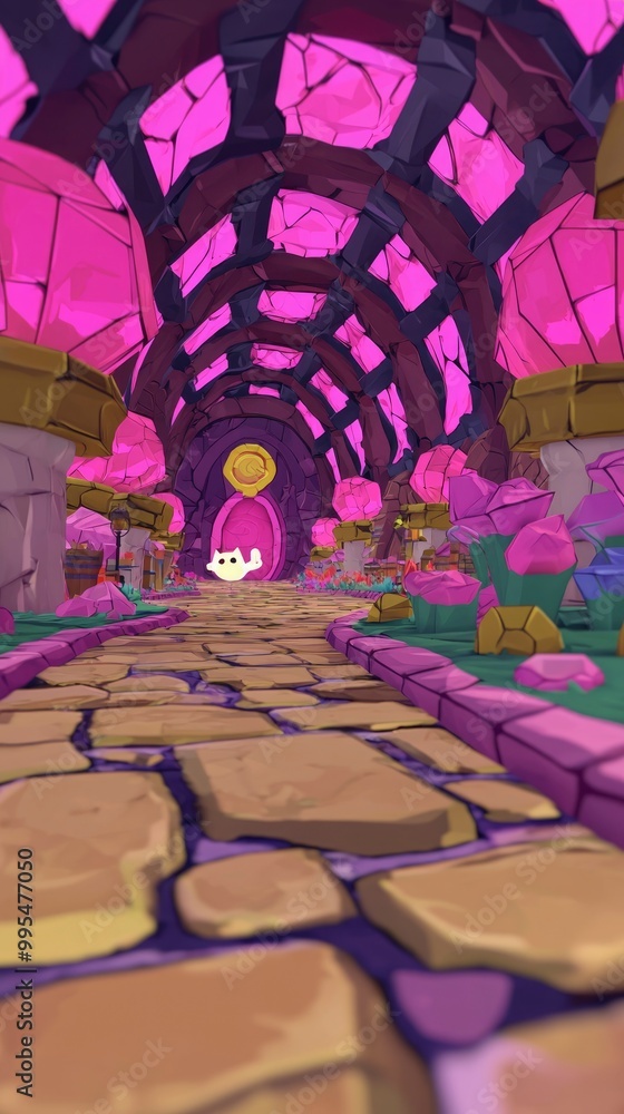 Obraz premium Whimsical Cartoon Pathway with Pink Crystal Roof