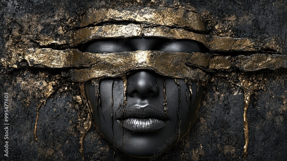 This striking artwork features a face partially obscured by gold and black textures, conveying themes of resilience and strength through its unique design and color contrast This striking artwork features a face partially obscured by gold and black textures, conveying themes of resilience and strength through its unique design and color contrast