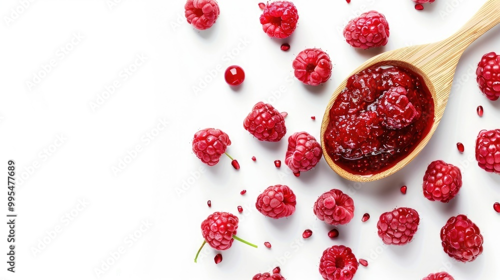 Raspberry jam with wooden spoon on white background Raspberry jam with wooden spoon on white background