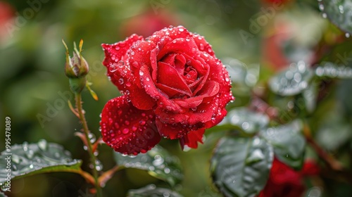 Red rose with raindrops in summer