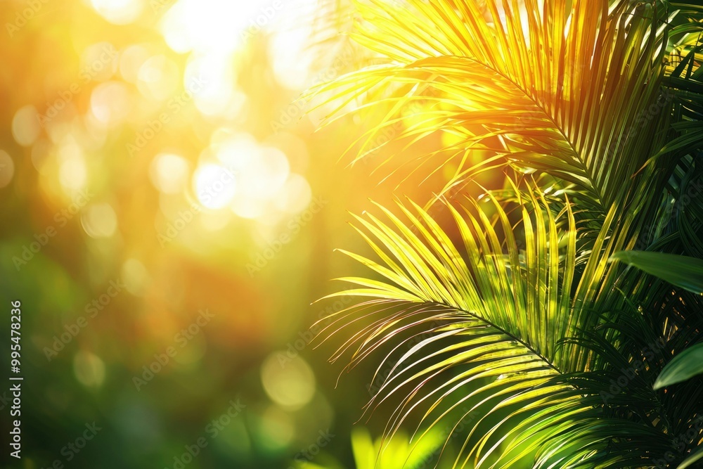 Obraz premium Sunlit Palm Frond with Blurred Green Background