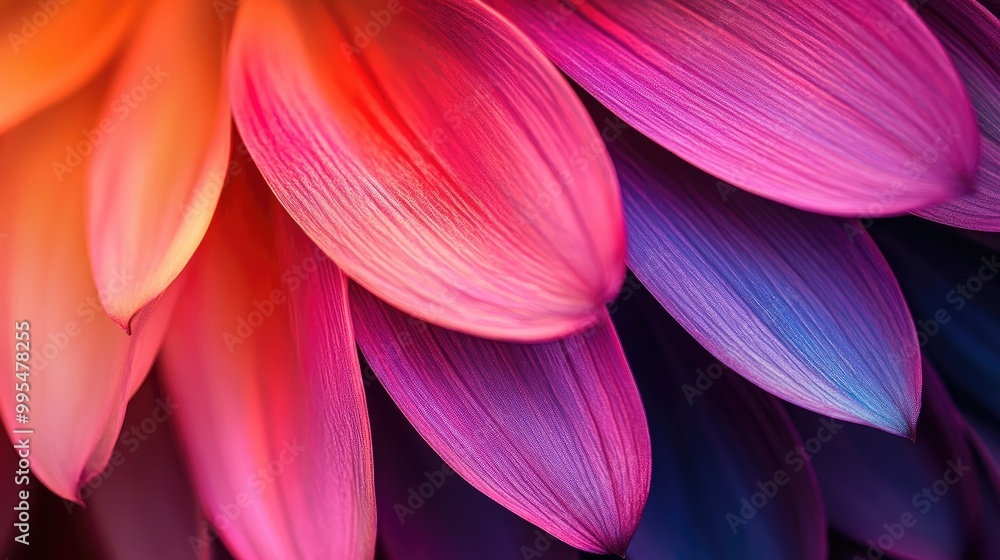 Abstract close-up photo of vibrant flower petals in stunning duotone hues, showcasing intricate textures and bold contrasts in a unique composition