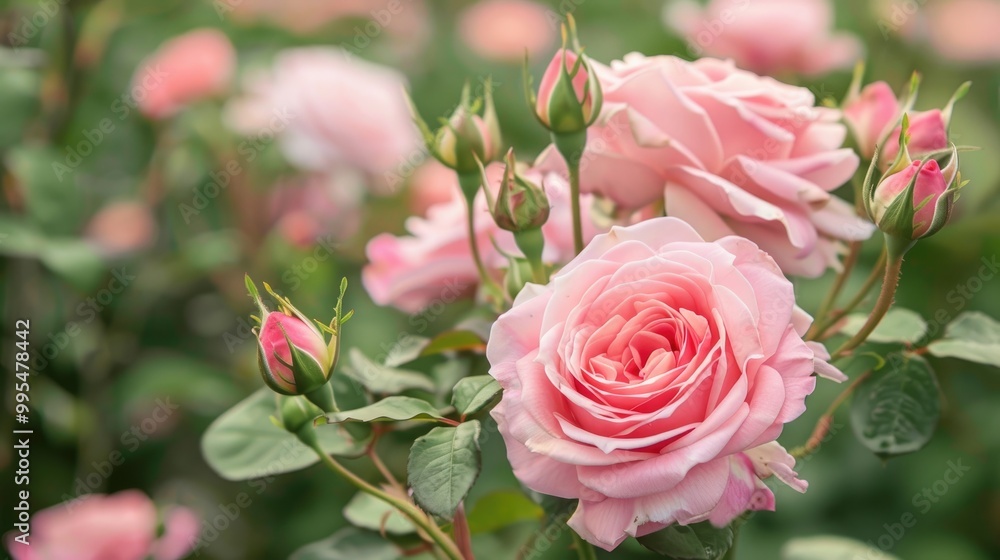 Pink rose in focus with blurred buds in background Pink rose in focus with blurred buds in background