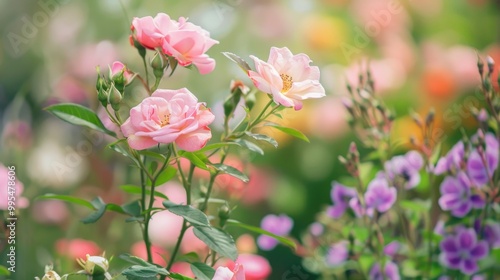 Rosa multiflora and Rosa polyantha in a garden setting with space for text photo